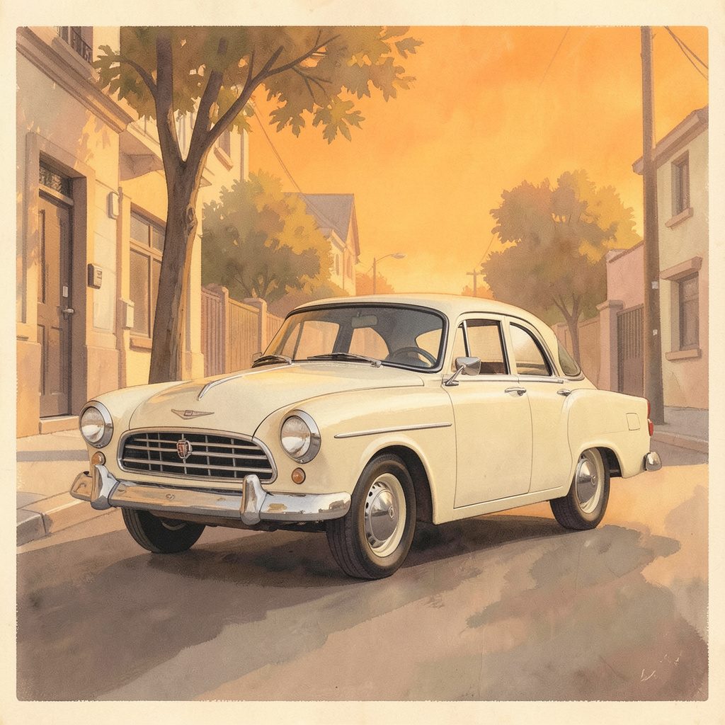 Емблема Rent Retro Car — ретро автомобил в кремави тонове