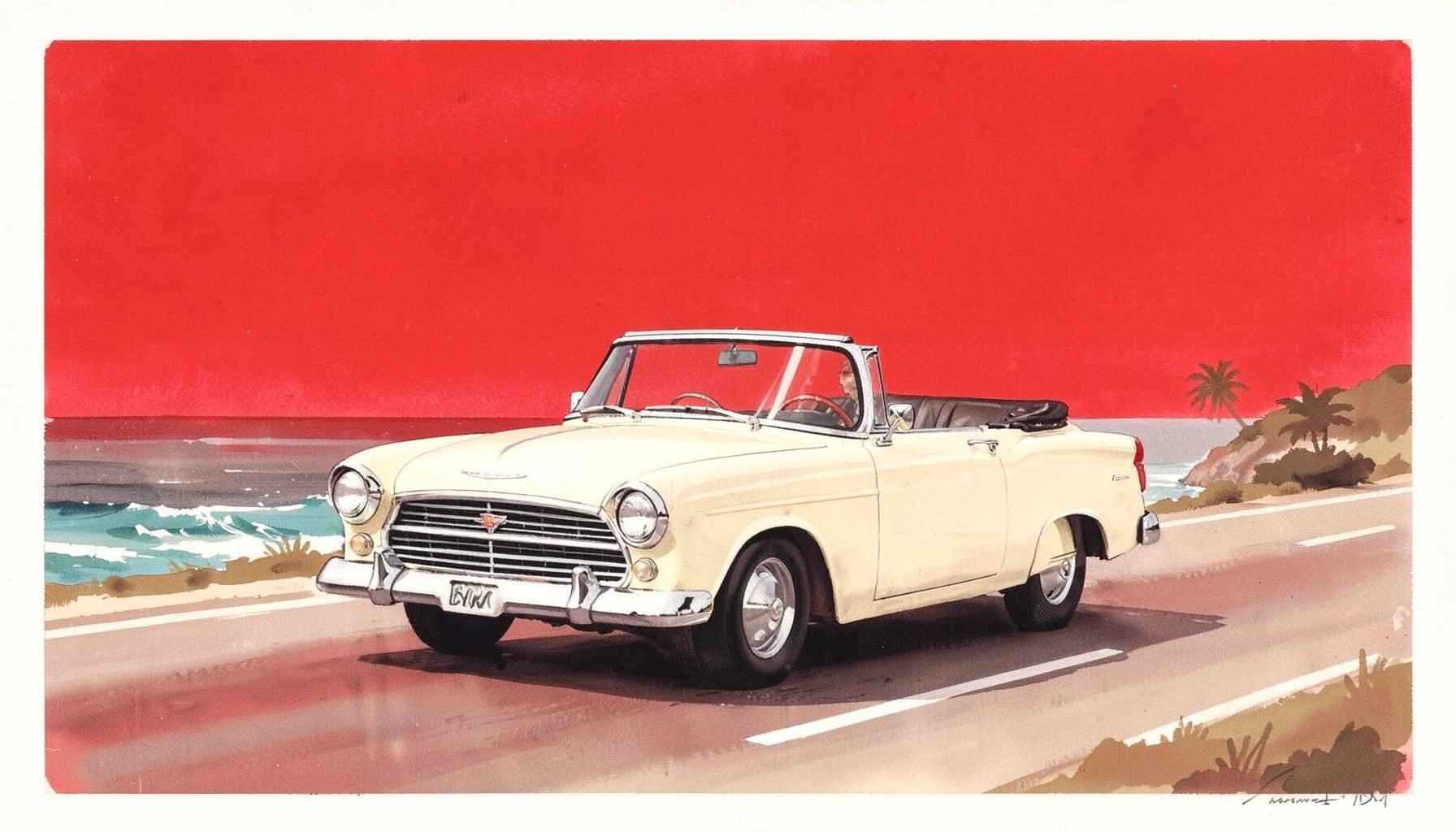 Matte gouache painting of a vintage open-top car in cream and beige tones, cruising along a coastal road with soft sea breeze, romantic atmosphere