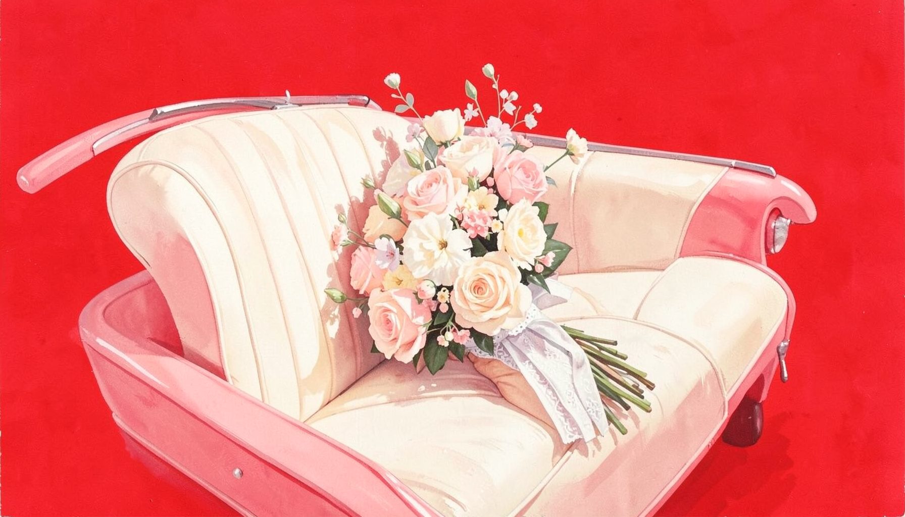 Matte gouache painting of a bride's bouquet resting on the cream leather seat of a vintage convertible, soft blush and ivory floral tones