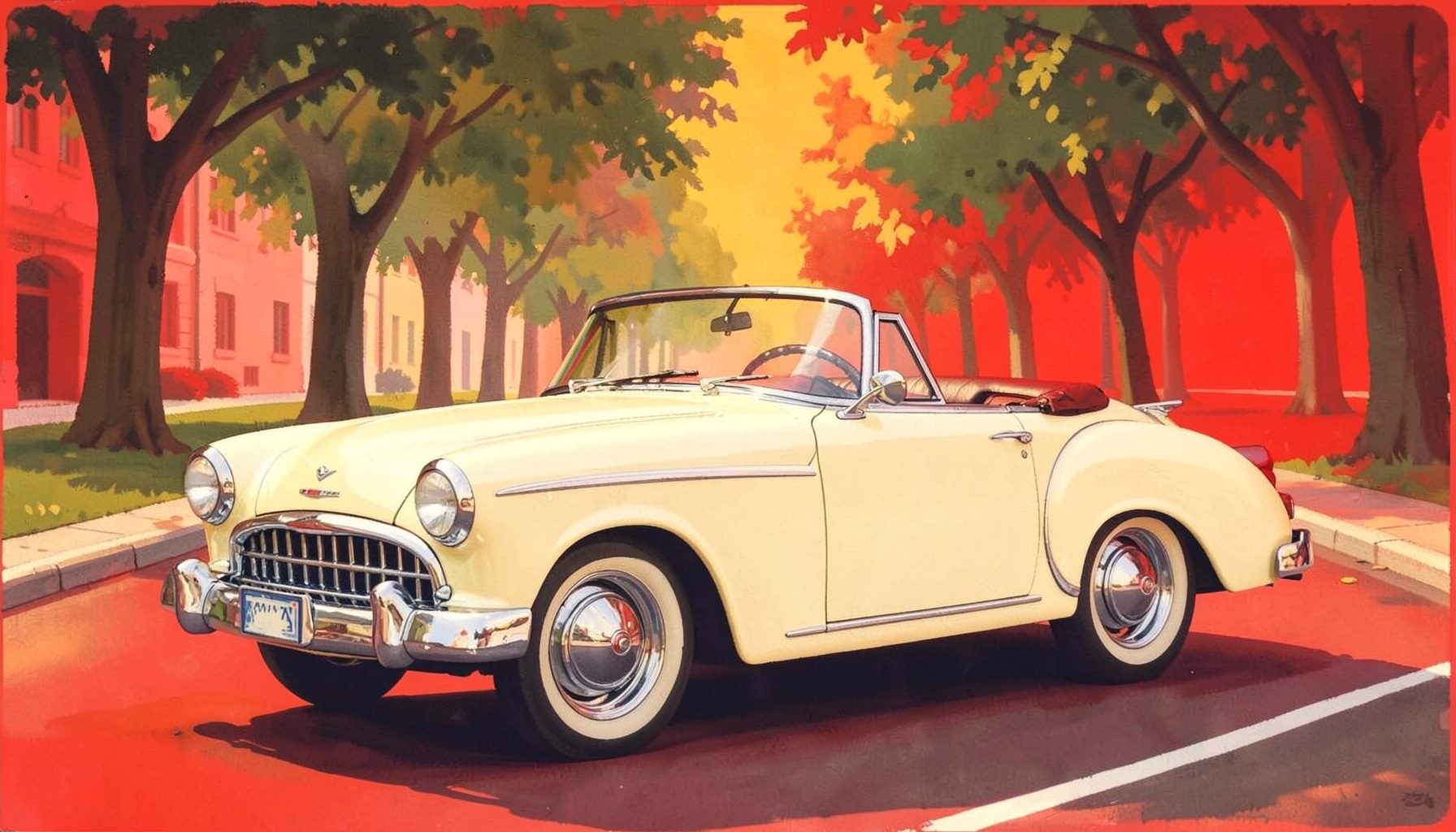 Matte gouache painting of a vintage cream-colored convertible with elegant chrome details, parked on a tree-lined avenue in soft golden afternoon light
