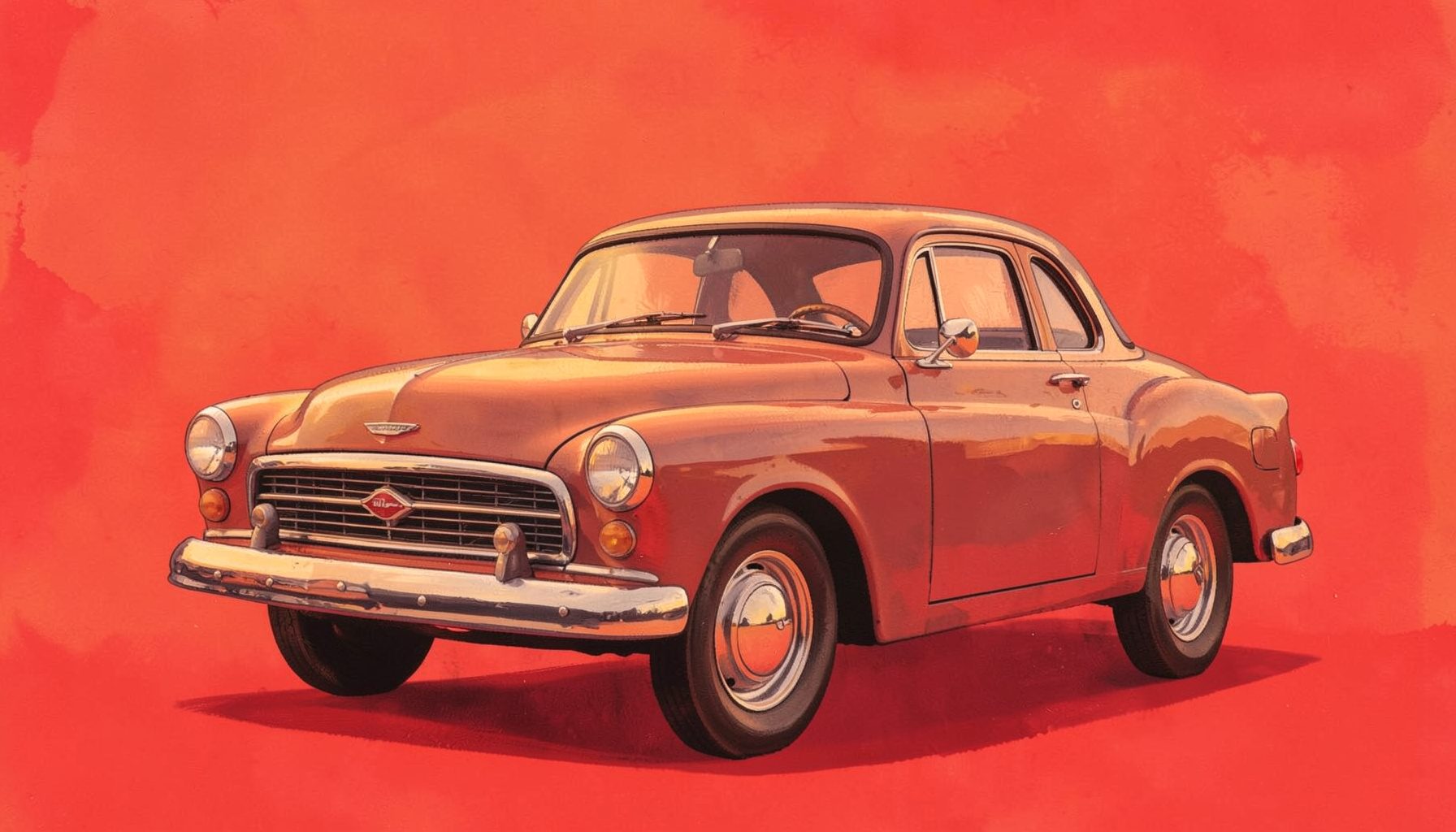 Matte gouache painting of a vintage car photographed at golden hour, warm amber and dusty rose tones, elegant celebration mood